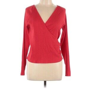 NWT Universal Threads Long Sleeve Ribbed Cotton Shirt Plunge Top Red Size Large